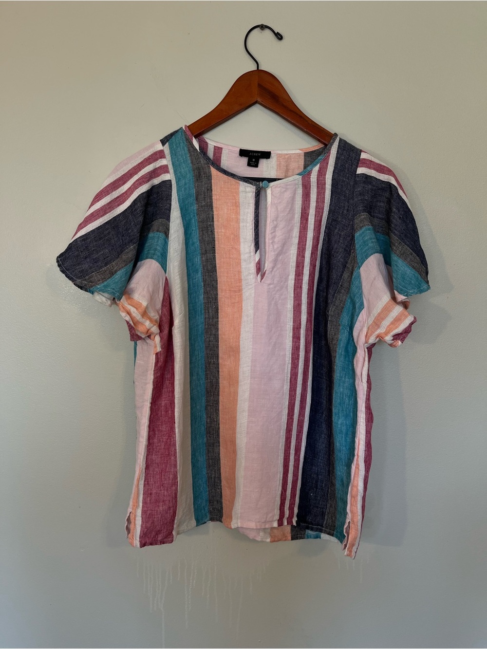 100 % Linen J. Crew Multicolor Vertical Stripe Short Sleeve Top